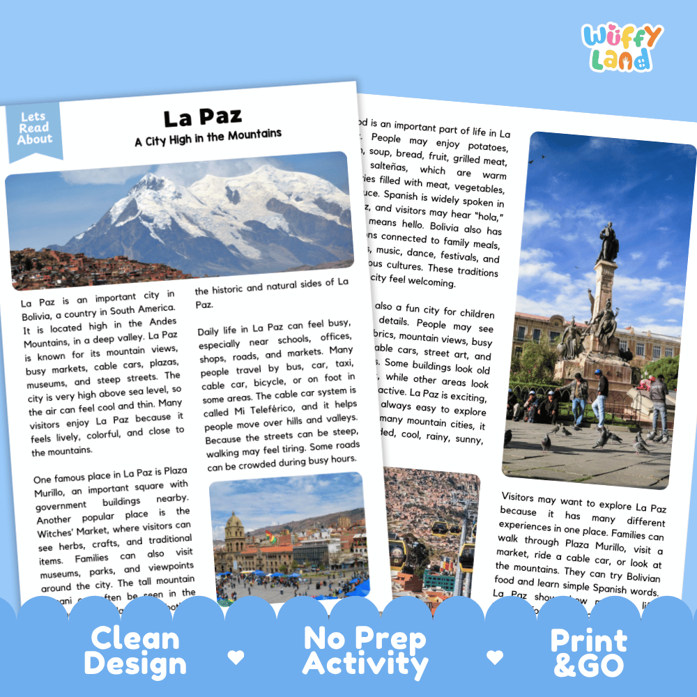 Reference sheet and answer key for La Paz landmark reading passage displaying completed comprehension answers and Andean mountain geography facts
