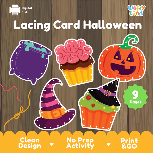 Lacing card Halloween printable fine motor and threading activity pack overview from Wuffy Land featuring 9 activity pages 🎃🧙‍♀️