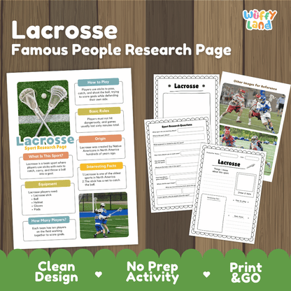 Lacrosse Sport Research Project Worksheets and Fact Sheet
