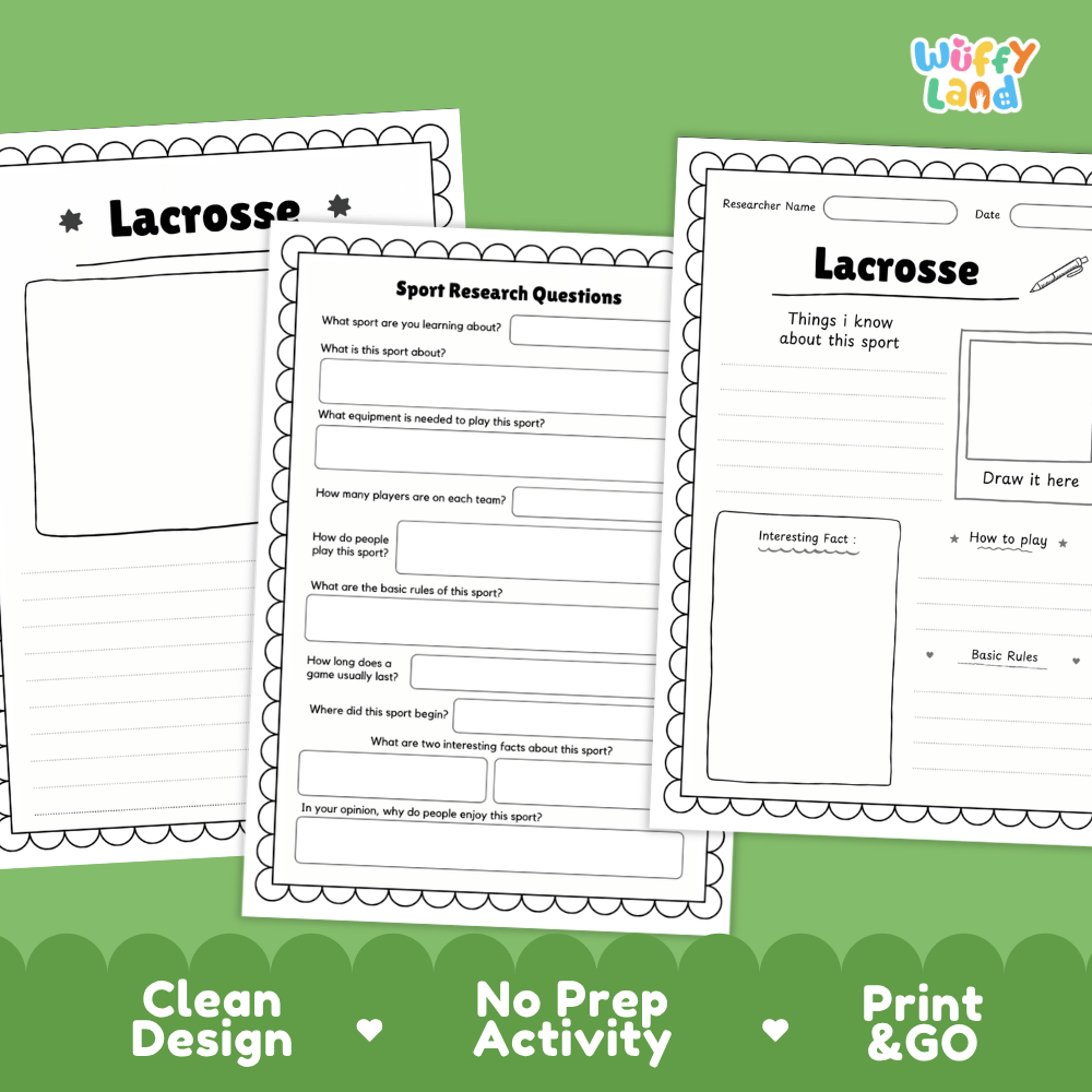 Lacrosse Sport Research Project Worksheets and Fact Sheet