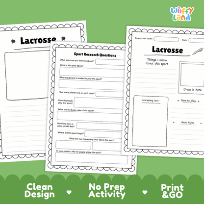 Lacrosse Sport Research Project Worksheets and Fact Sheet