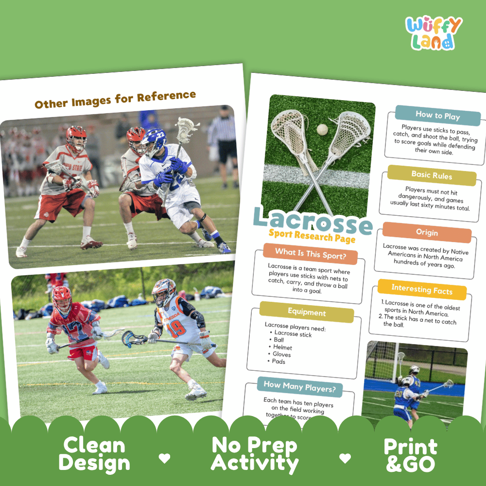 Lacrosse Sport Research Project Worksheets and Fact Sheet