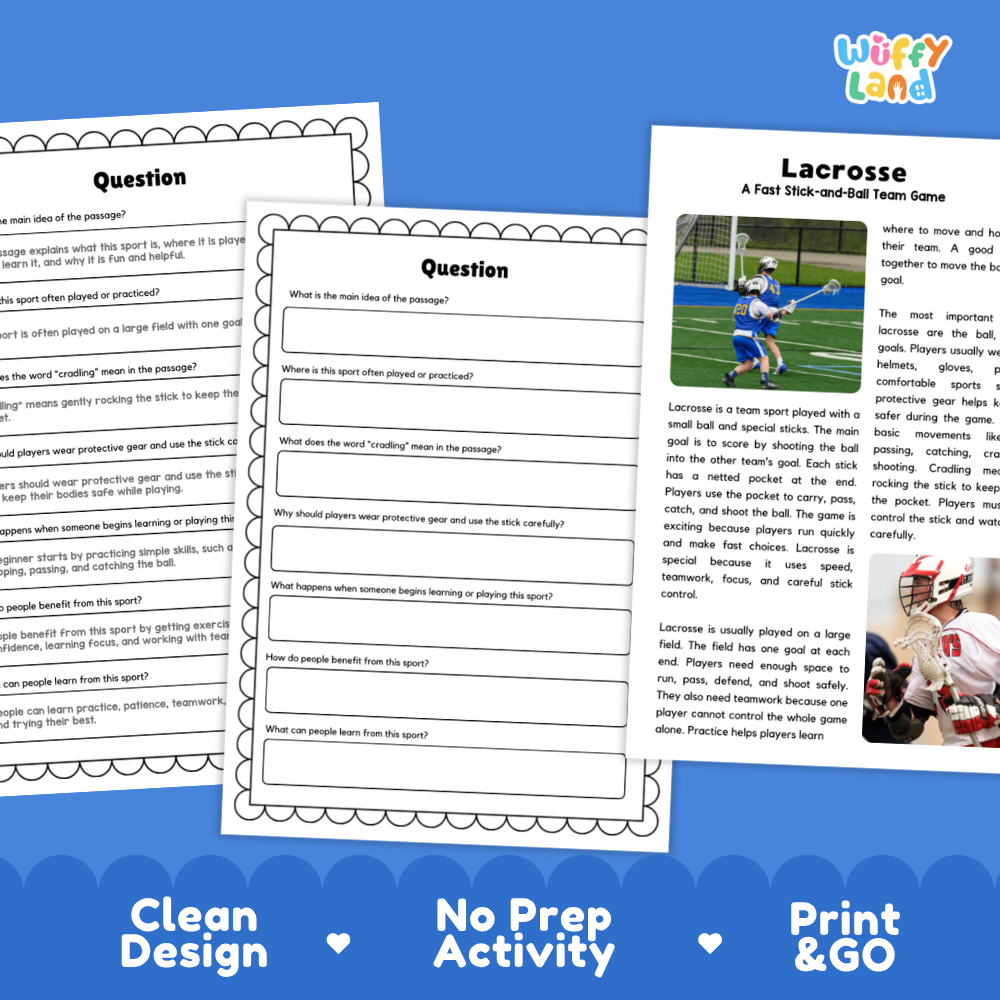 Lacrosse Sports Reading Passages and Comprehension Questions Worksheets