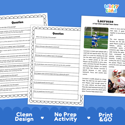 Lacrosse Sports Reading Passages and Comprehension Questions Worksheets