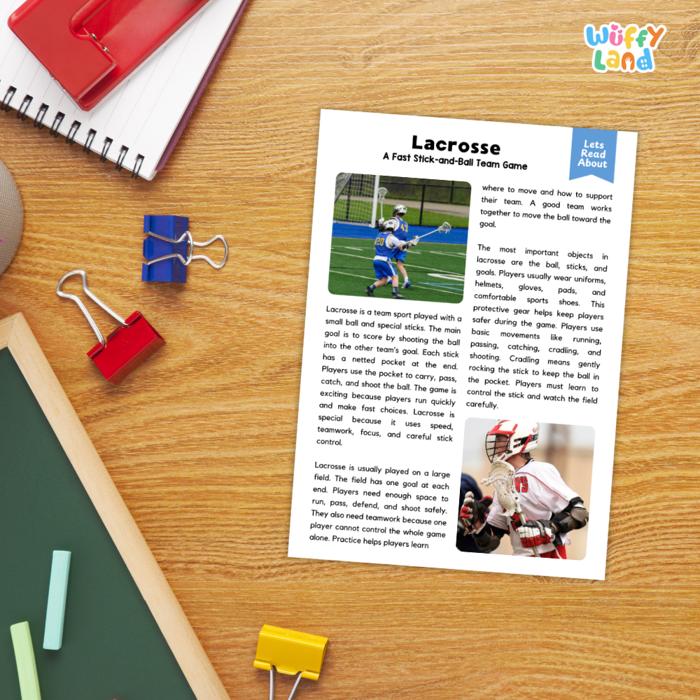 A printed educational worksheet about lacrosse titled 'Lacrosse: A Fast Thud-and-Ball Team Game' lies on a wooden desk, surrounded by school supplies including a spiral notebook, red and blue binder clips, a green folder, and a yellow highlighter. The worksheet includes a small photo of a lacrosse player and text explaining the sport.