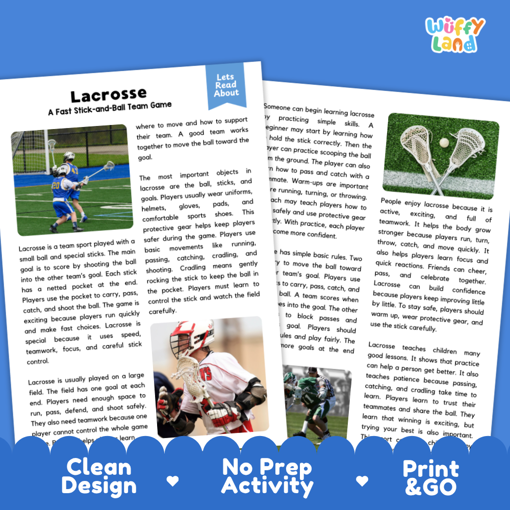 Two printed activity cards for a children's lacrosse game, shown on a white background with the brand name 'Lucky Baby' in the top right corner. The cards feature colorful text, illustrations of players, and heart-shaped dividers.
