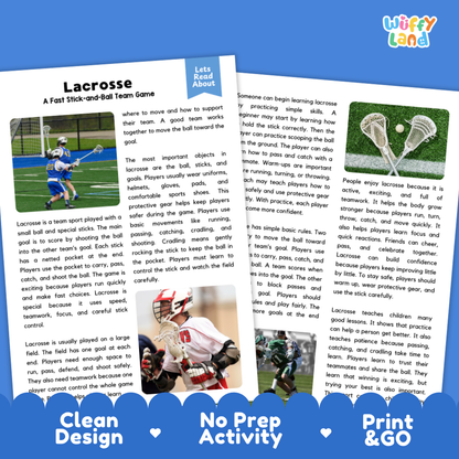 Two printed activity cards for a children's lacrosse game, shown on a white background with the brand name 'Lucky Baby' in the top right corner. The cards feature colorful text, illustrations of players, and heart-shaped dividers.