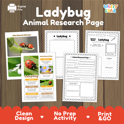 Digital preview of a Ladybug Animal Research Page activity sheet set by Wiffy Land, displayed on a wood background with product features highlighted at the bottom.