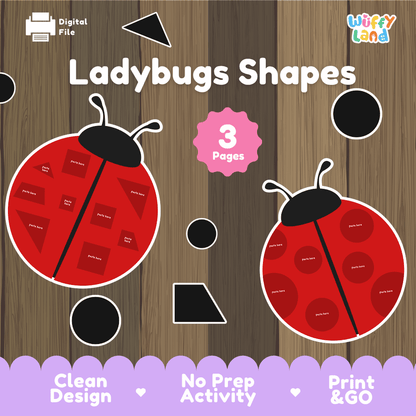 Ladybugs shapes printable geometric 2D shape matching activity pack overview from Wuffy Land featuring 3 activity pages 🐞🔴