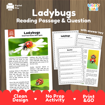 Digital reading activity sheet set for 'Ladybugs' by Wiffly Land, featuring a reading passage, worksheet questions, and an answer key on a wood background with promotional text banners.