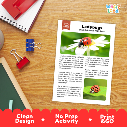 An educational printout about ladybugs laid on a wooden desk, surrounded by school supplies like a spiral notebook, binder clips, and a pen. The print has a red header and includes text and a ladybug illustration.
