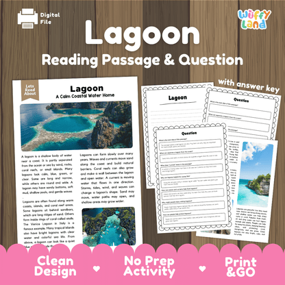Digital reading activity product titled 'Lagoon Reading Passage & Question' shown on a wood background, with sample worksheet pages, a digital file icon, and pink promotional text at the bottom.