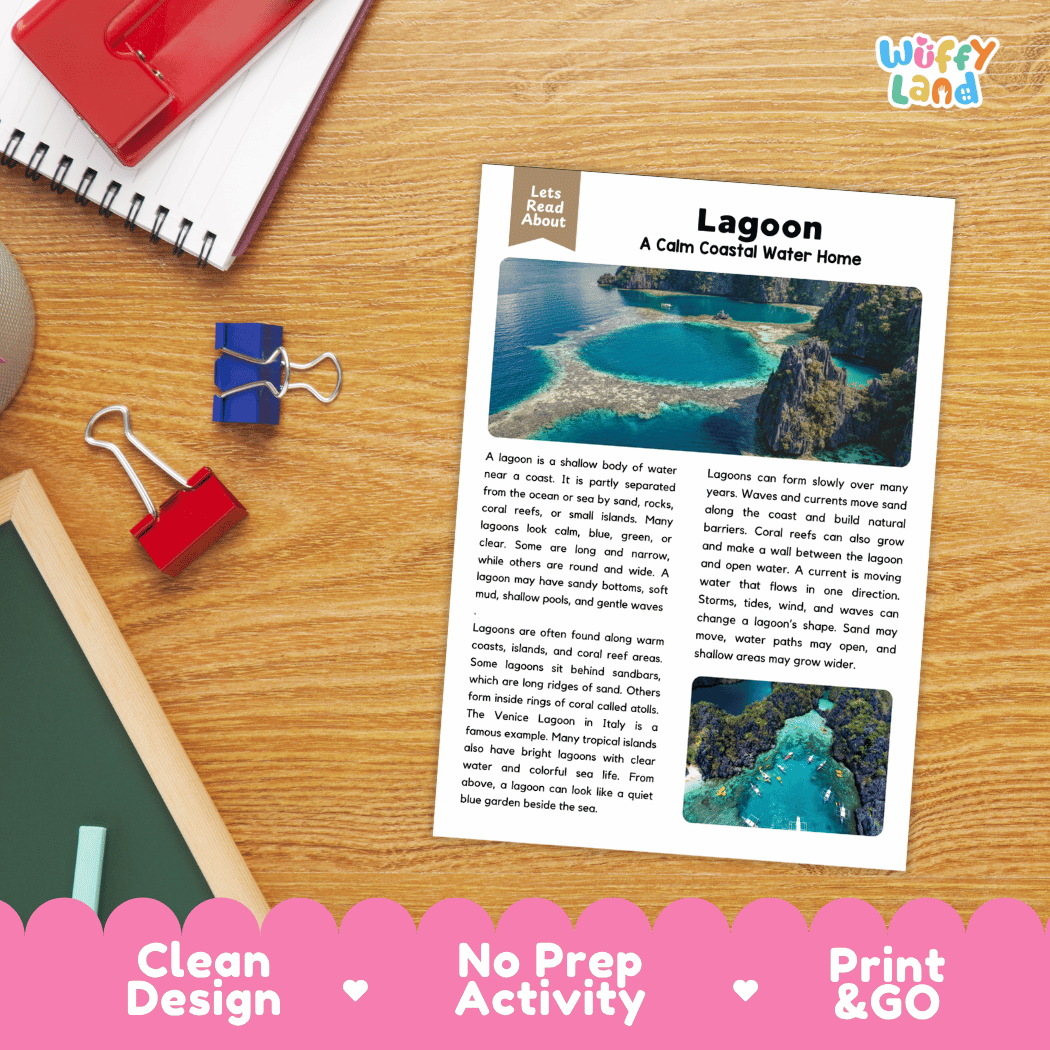 A printed educational activity sheet titled 'Lagoon' laid on a wooden desk, surrounded by a red notebook, blue binder clips, and a pink decorative banner at the bottom. The sheet includes text, a small map, and a logo for 'Wiffy Land'.