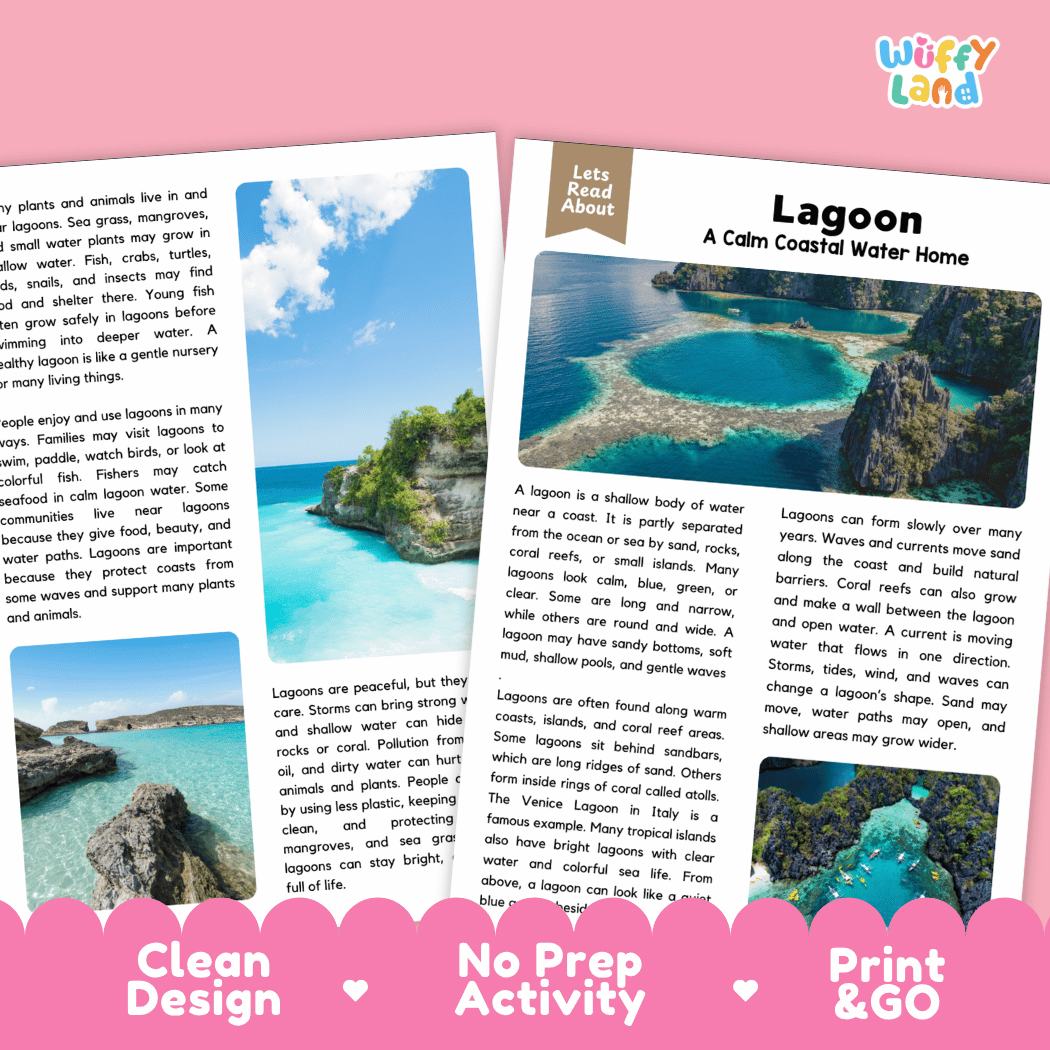 A printed activity booklet or poster set about lagoons, shown laid out on a white background with a colorful 'Wiffly land' logo in the top right. The pages include a title page reading 'Lagoon: A Calm Coastal Water Home,' a landscape photo of a lagoon scene, and smaller panels with text about lagoon characteristics.