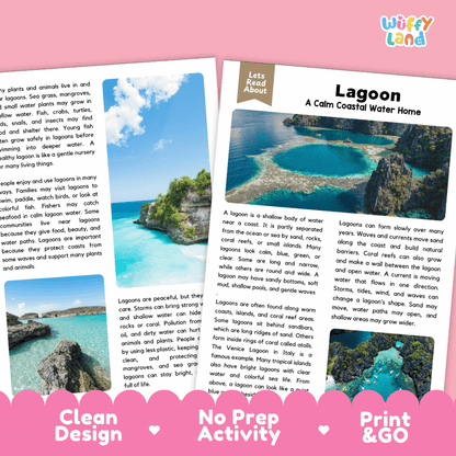 A printed activity booklet or poster set about lagoons, shown laid out on a white background with a colorful 'Wiffly land' logo in the top right. The pages include a title page reading 'Lagoon: A Calm Coastal Water Home,' a landscape photo of a lagoon scene, and smaller panels with text about lagoon characteristics.