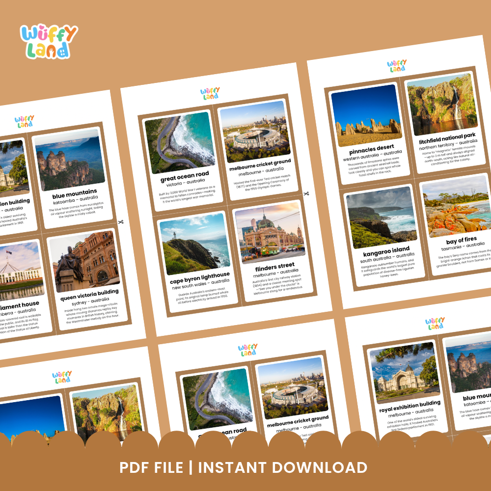 Flashcards featuring Lake Mackenzie, Bay of Fires, Pinnacles Desert, and the Twelve Apostles with fun facts