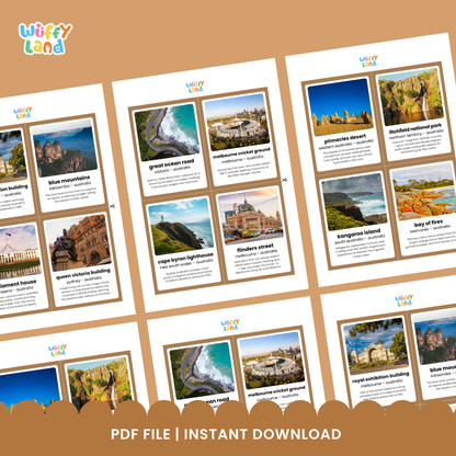 Flashcards featuring Lake Mackenzie, Bay of Fires, Pinnacles Desert, and the Twelve Apostles with fun facts