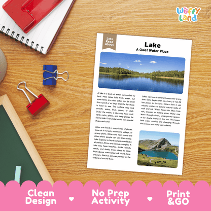 A printed educational worksheet titled 'Lake: A Quiet Water Place' with a lake photo and text, laid on a wooden desk with notebooks, clips, and a pen. A pink banner at the bottom reads 'Clean Design', 'No Prep Activity', and 'Print & GO'.