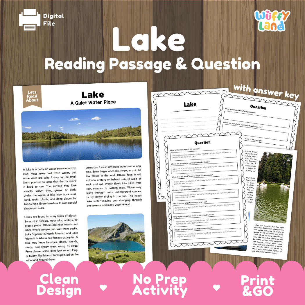 Digital reading activity product preview for 'Lake Reading Passage & Question' by Wiffly Land, showing a sample lake passage page, worksheet question pages, and promotional text on a wood background with pink banner accents.