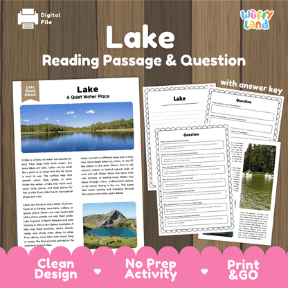Digital reading activity product preview for 'Lake Reading Passage & Question' by Wiffly Land, showing a sample lake passage page, worksheet question pages, and promotional text on a wood background with pink banner accents.