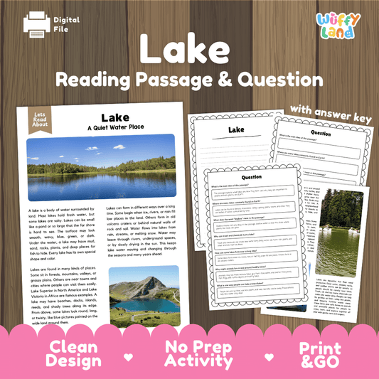 Digital reading activity product preview for 'Lake Reading Passage & Question' by Wiffly Land, showing a sample lake passage page, worksheet question pages, and promotional text on a wood background with pink banner accents.