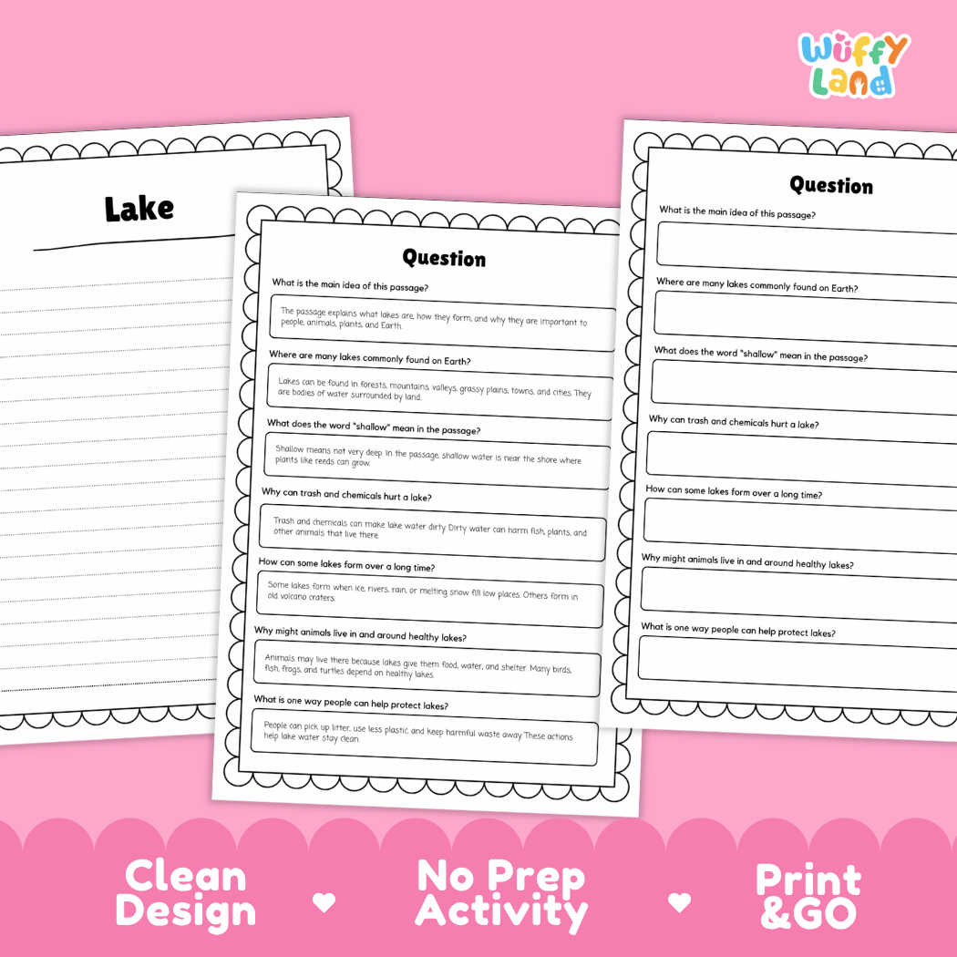 Three printable worksheet pages from Wiffy Land about 'Lake' and general reading comprehension, shown on a pink background with promotional text reading 'Clean Design', 'No Prep Activity', and 'Print & GO'.