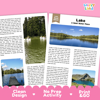 A printed activity booklet or worksheet titled 'Lake A Quiet Water Place' with a 'Wiffly Land' logo, shown alongside a second page featuring a lake photo and text. The pages are laid on a white background with a pink banner at the bottom reading 'Clean Design', 'No Prep Activity', and 'Print & GO'.