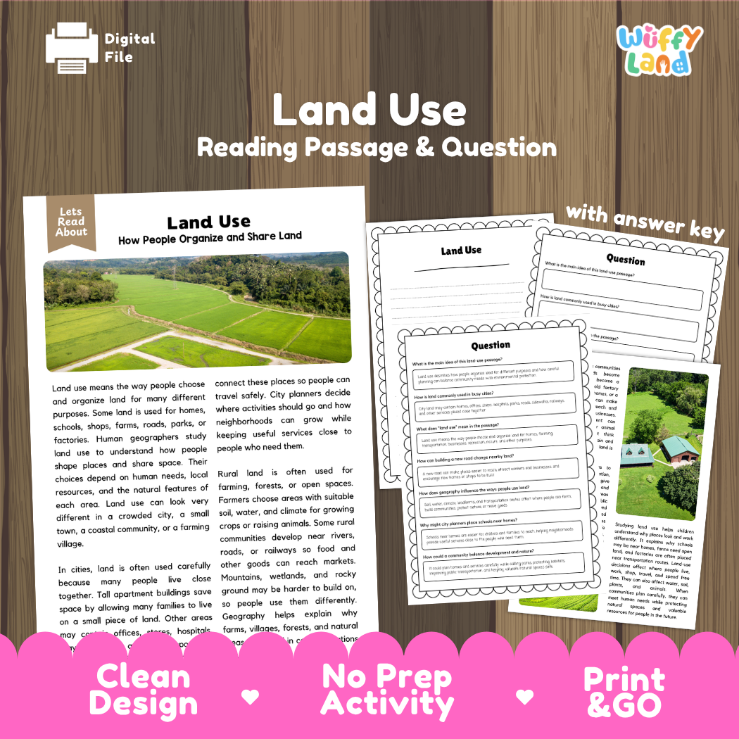 Land Use reading comprehension passage and questions printable activity pack with answer key for elementary students