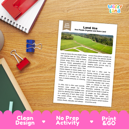 Student reading comprehension worksheet with short-answer questions and lined sections about land use
