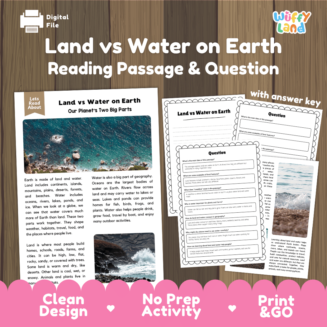 Land vs water on Earth reading comprehension passage and questions printable activity pack with answer key for elementary students