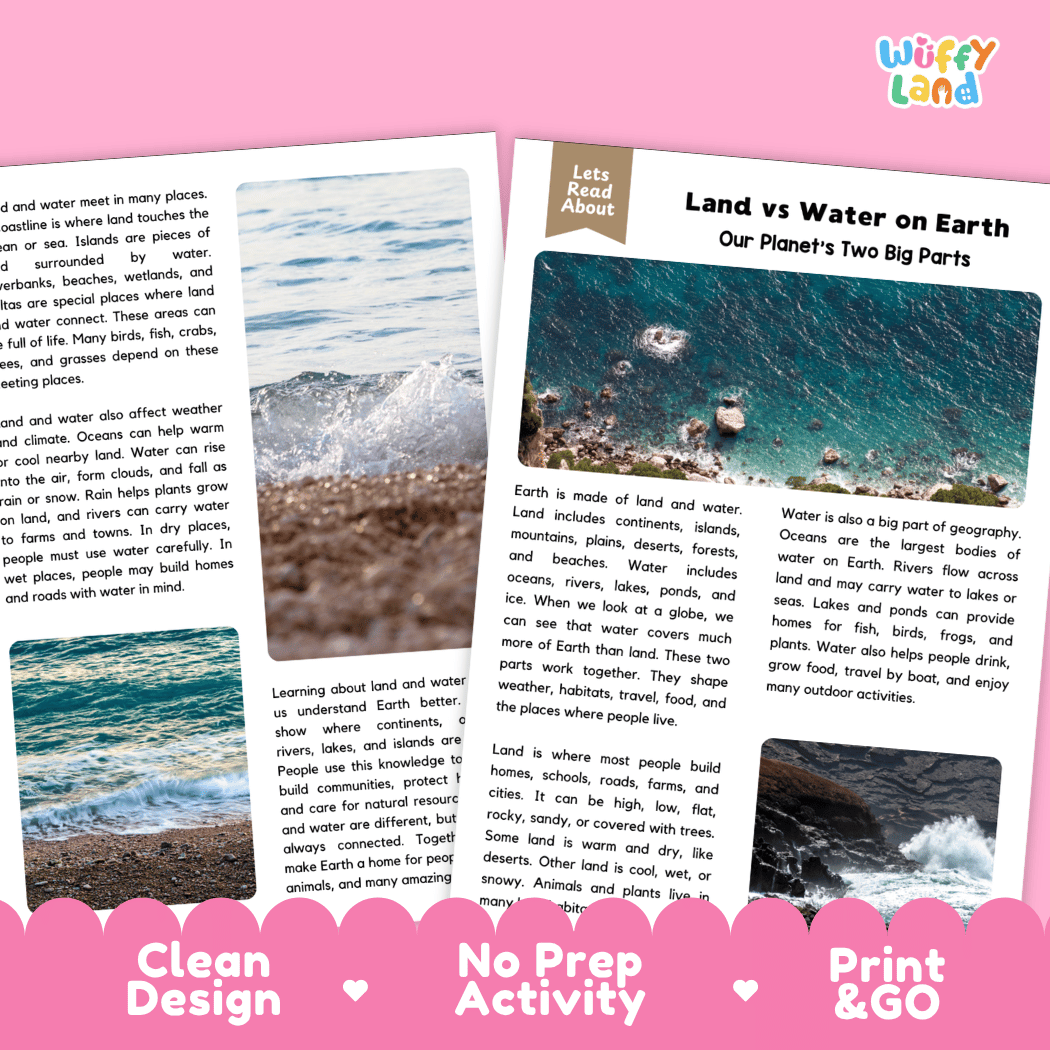 Teacher answer key page showing complete question solutions for land vs water on Earth reading comprehension practice