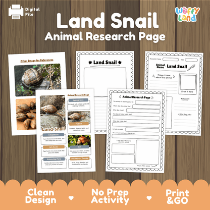 Land Snail Animal Research Page Worksheets and Fact Sheet