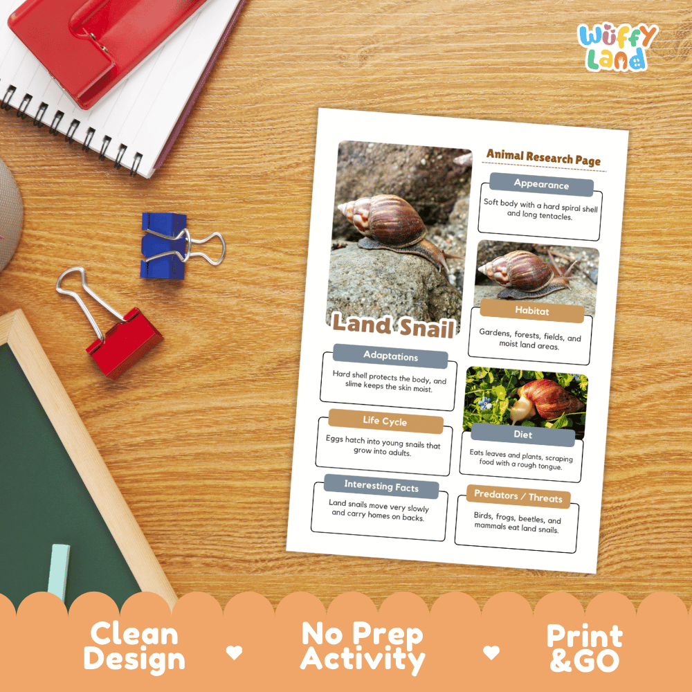 Land Snail Animal Research Page Worksheets and Fact Sheet