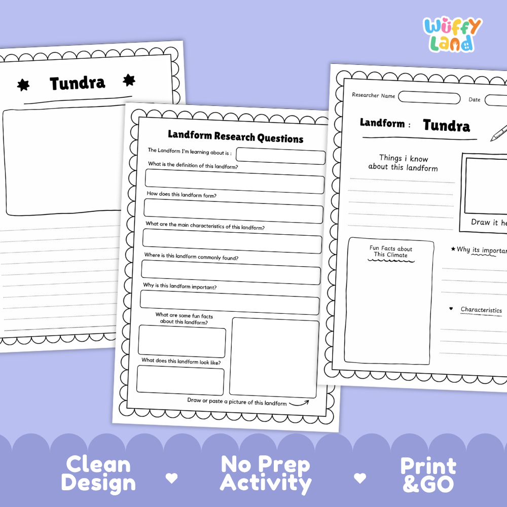 Printable research pages featuring structured writing prompts for landform definitions, formation, and characteristics