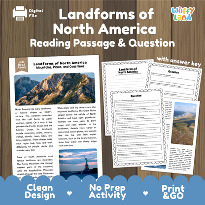 Landforms of North America reading comprehension passage and questions printable activity pack with answer key for elementary students