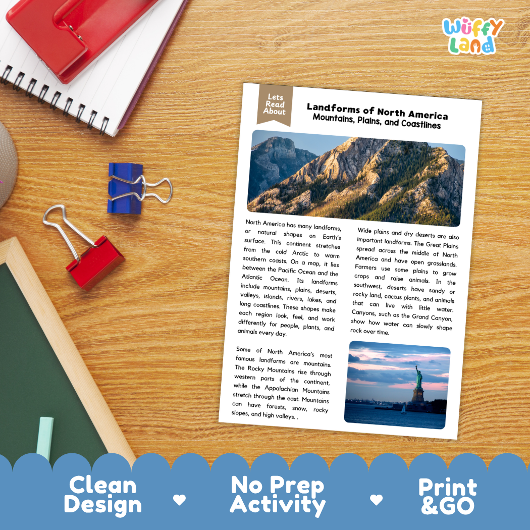 Student reading comprehension worksheet with short-answer questions and lined sections about North American landforms