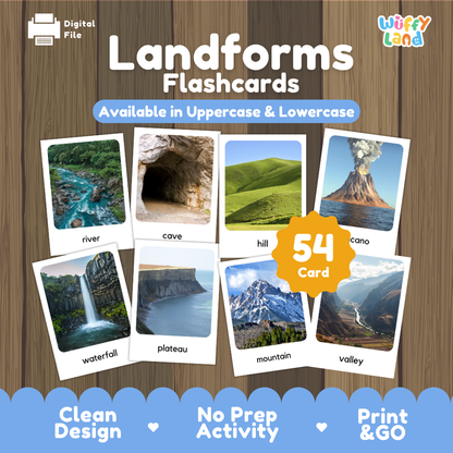 Landforms Flashcards digital download product by Wiffly Land, featuring 54 cards with landscape images like river, cave, hill, volcano, waterfall, plateau, mountain, and valley, shown on a wood-textured background with promotional text.