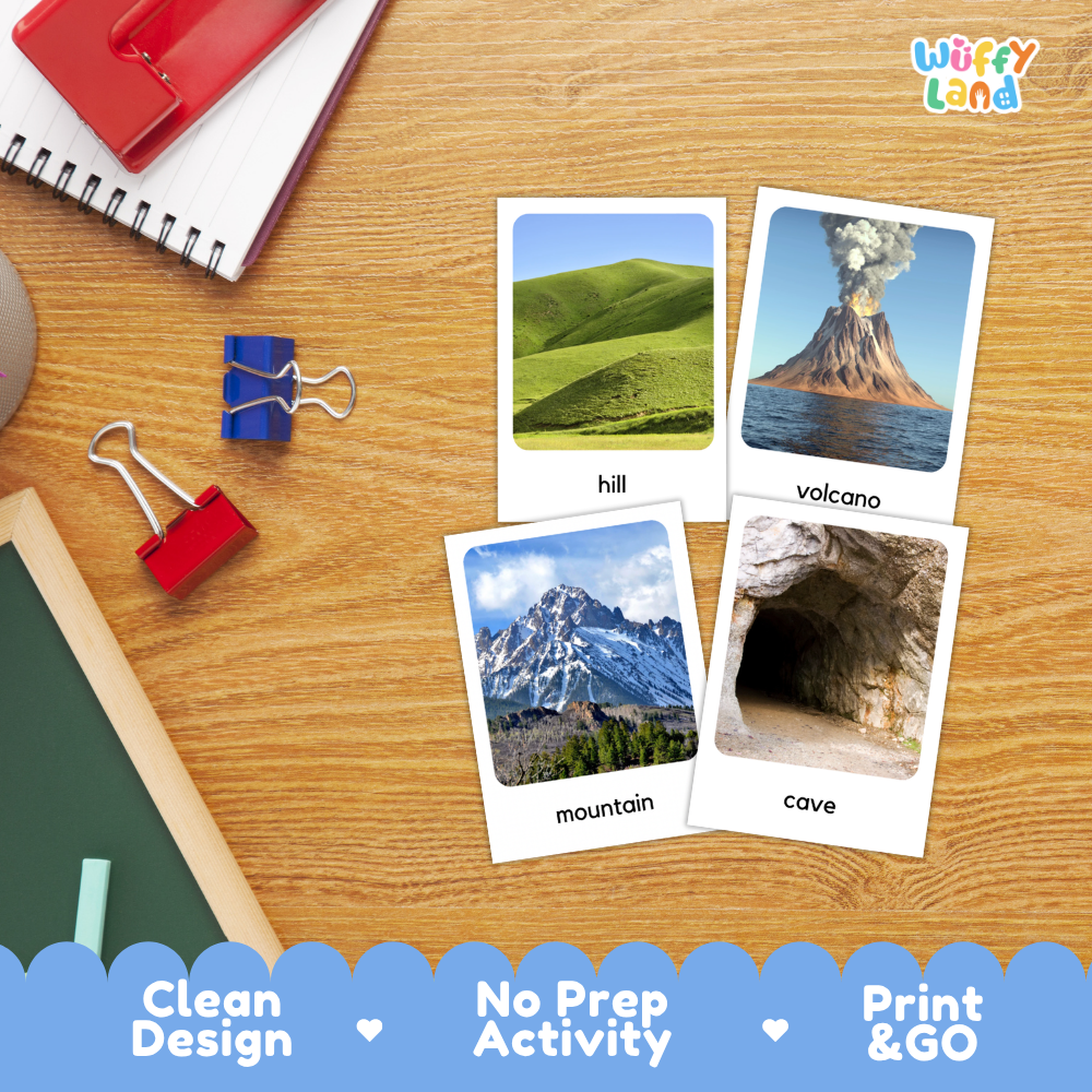 Four educational picture cards showing a hill, volcano, mountain, and cave, arranged on a wooden desk with school supplies. The brand name 'Wiffy Land' appears in the top right corner.