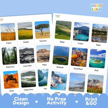 Two educational activity cards from Wiffly Land showing labeled landscape photo tiles, displayed on a light blue background with promotional text at the bottom.