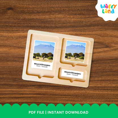 Close-up of Montessori 3-part cards showing Zanzibar Stone Town, Victoria Falls, and Mount Kilimanjaro
