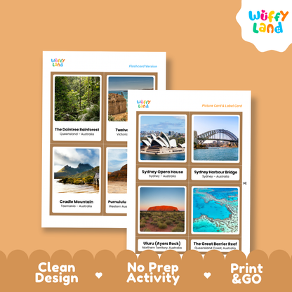 Close-up of Montessori 3-part cards showing Port Arthur, the Pinnacles Desert, and the Twelve Apostles