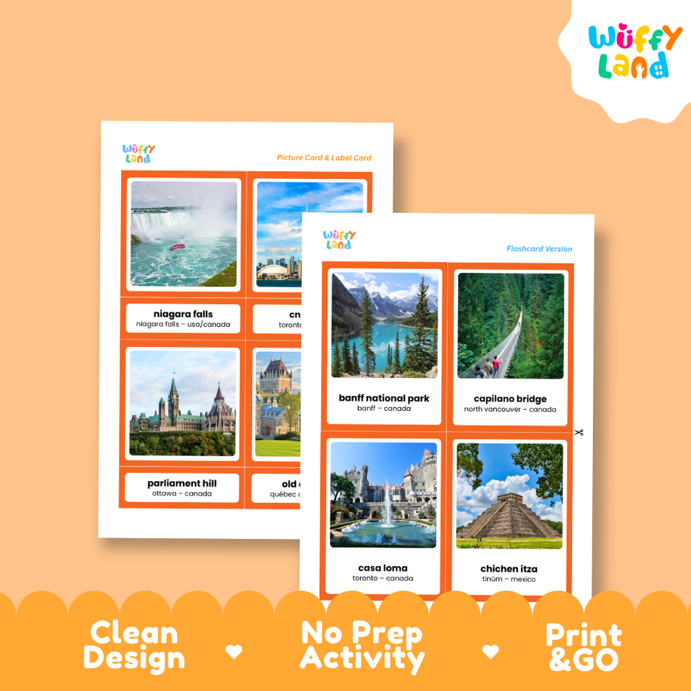 Close-up of Montessori 3-part cards showing Banff National Park, Mount Rushmore, and the Kennedy Space Center
