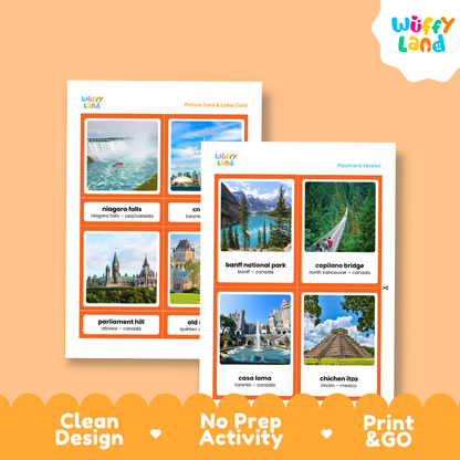 Close-up of Montessori 3-part cards showing Banff National Park, Mount Rushmore, and the Kennedy Space Center