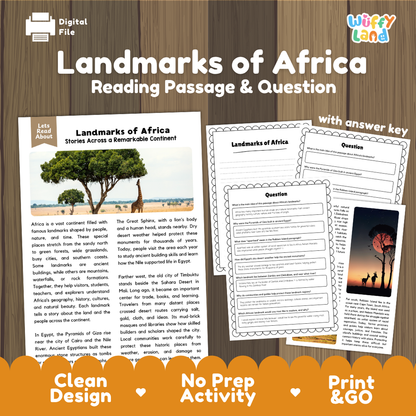 Landmarks of Africa reading comprehension passage and questions printable activity pack with answer key for elementary students
