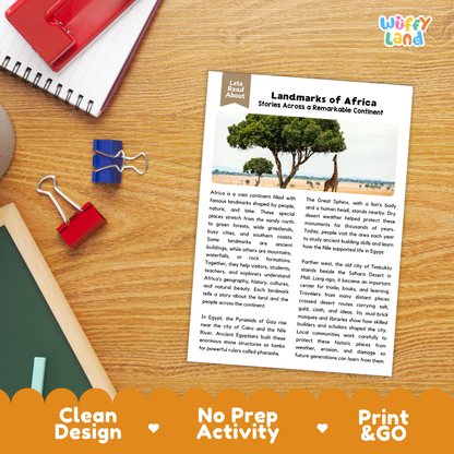 Student reading comprehension worksheet with short-answer questions and lined sections about famous landmarks of Africa