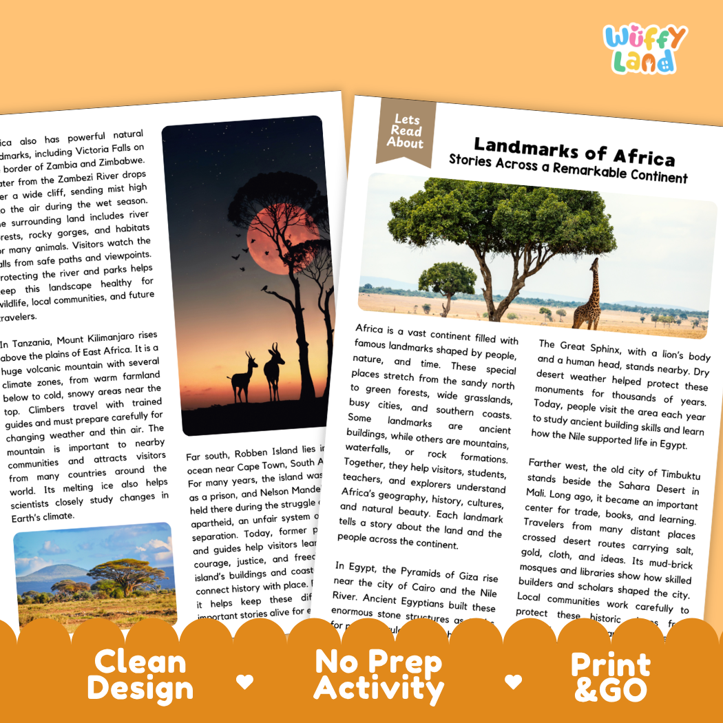 Teacher answer key page showing complete question solutions for Landmarks of Africa geography and world history reading comprehension practice