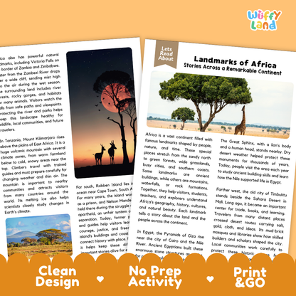 Teacher answer key page showing complete question solutions for Landmarks of Africa geography and world history reading comprehension practice