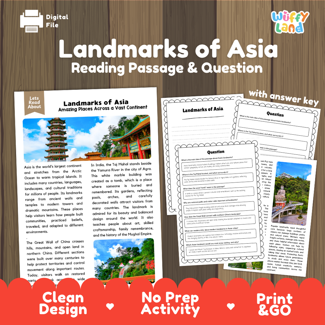 Landmarks of Asia reading comprehension passage and questions printable activity pack with answer key for elementary students