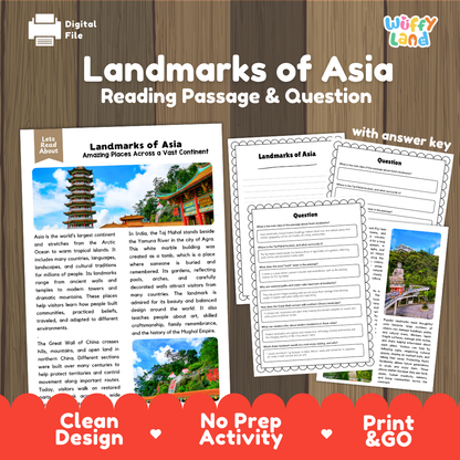 Landmarks of Asia reading comprehension passage and questions printable activity pack with answer key for elementary students