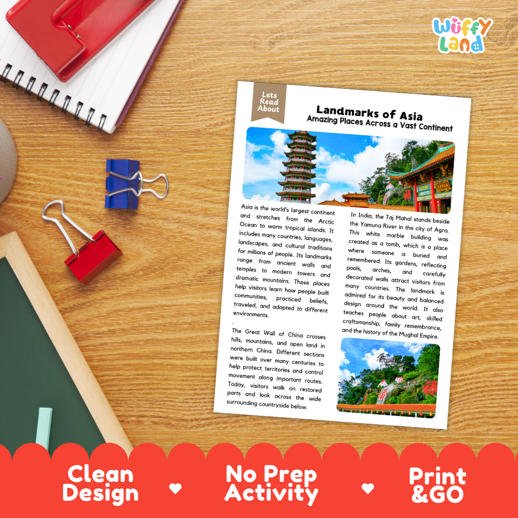 Student reading comprehension worksheet with short-answer questions and lined sections about famous landmarks of Asia